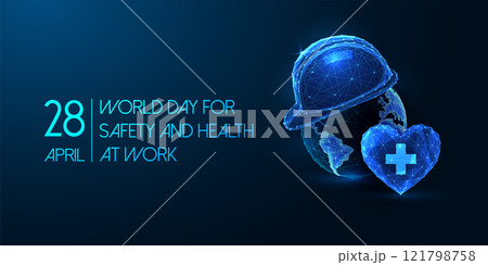 World Day for Safety and Health at Work concept web banner on dark blue. Workplace safety land page World Day for Safety and Health at Work concept web banner on dark blue. Workplace safety land page 121798758