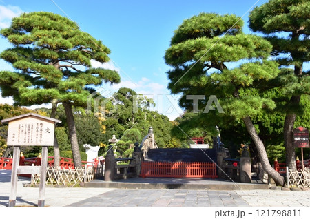 鎌倉市　鶴岡八幡宮の太鼓橋（赤橋）と松と青空 121798811