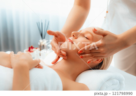 Caucasian woman enjoying relaxing anti-stress head massage. Quiescent 121798990