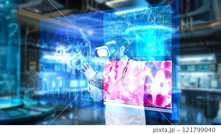 Skilled doctor with VR headset analyzing and diagnosis brain anatomy. Apparatus. Skilled doctor with VR headset analyzing and diagnosis brain anatomy. Apparatus. 121799040