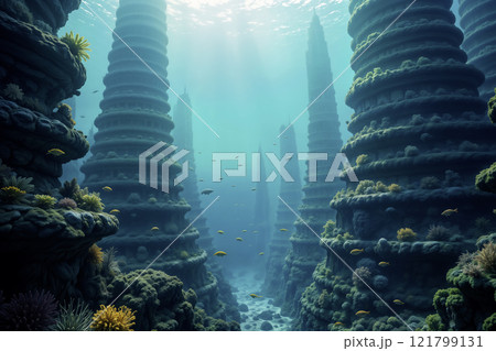 Surreal underwater towers with vibrant marine life and coral 121799131