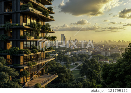 Modern sustainable building with vertical gardens overlooking city skyline 121799132
