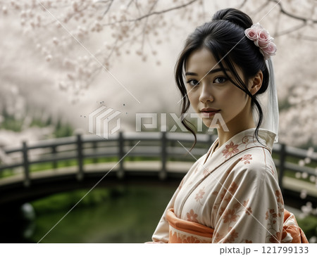 Traditional Japanese woman in kimono under cherry blossoms 121799133