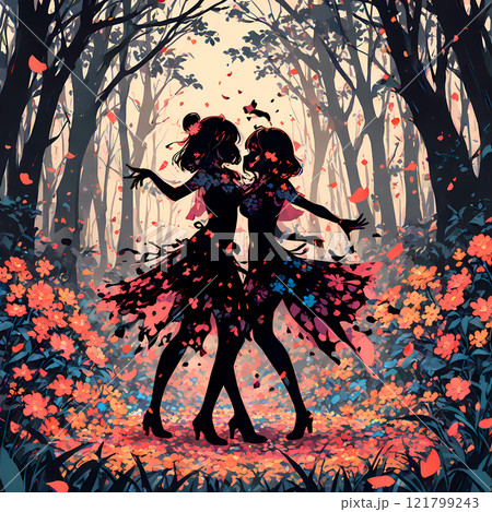 暗い森の中で踊る二人の少女のシルエット。ファンタスティックな影絵風のAIアート 121799243