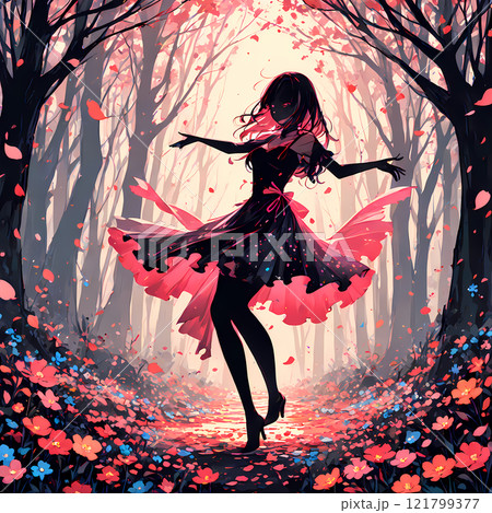 暗い森の中で踊るドレスの少女のシルエット。ファンタスティックな影絵風のAIアート 121799377