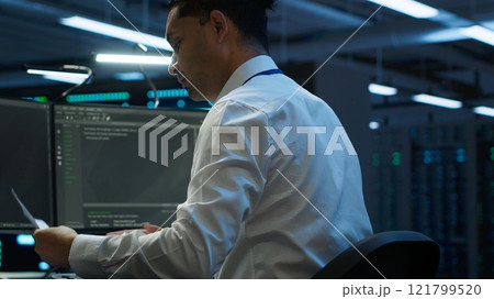 Admin in data center maintaining accurate documentation of infrastructure, configurations and procedures, generating reports. Server room employee doing workspace disaster recovery planning, camera A 121799520