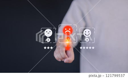 A hand hovers over a digital rating interface, selecting a one-star rating with a sad face icon. This concept illustrates customer dissatisfaction, feedback, and the importance of user experience. 121799537