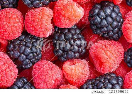 Ripe black and red berries close-up top view 121799695