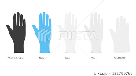 Set of Poly, CPE, TPE and Cleaning protective Gloves Fashion hand accessory clothing technical illustration garment.  121799763