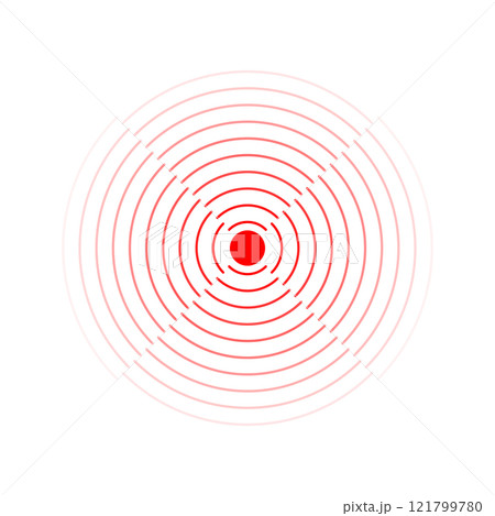 Pain localization icon. Ache, sore or inflammation symbol. Pulse, shockwave, radiation or vibration sign. Coverage or damage, radio signal or sonar wave pictogram. Vector flat illustration 121799780