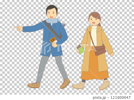 Set of illustrations of men and women sightseeing in winter_with main lines Set of illustrations of men and women sightseeing in winter_with main lines 121800047
