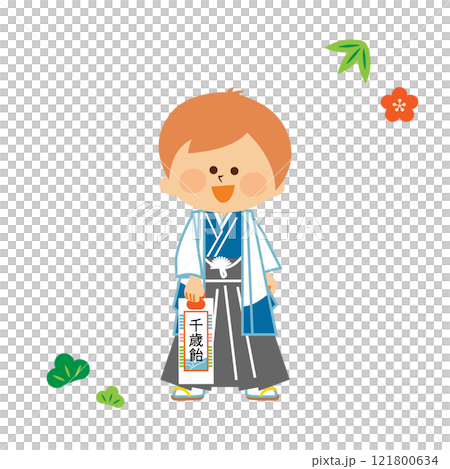 日本の七五三　羽織袴を着た5歳の男の子　かわいいイラスト 121800634