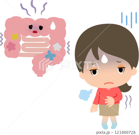 不健康な腸のキャラクターと体調が悪い女性 121800728