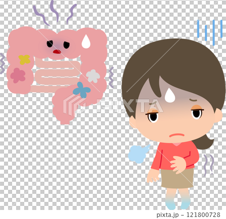 Unhealthy intestine character and unwell woman 121800728
