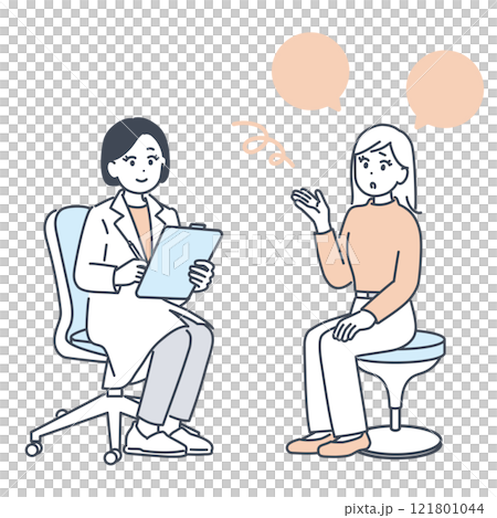 Illustration material of a young woman consulting a doctor 121801044
