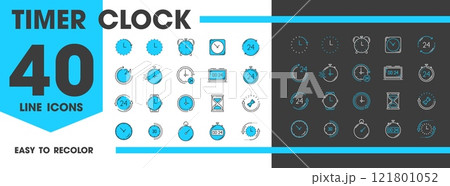Timer clock line icons. Alarm, stopwatch, calendar timer. Vector linear signs set, countdown function, time management, deadline symbols for app, website, digital interface, guiding user interactions 121801052