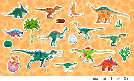 Prehistoric dinosaur stickers of Jurassic lizards and dino characters, cartoon vector. Kids funny cute dinosaur stickers of T Rex tyrannosaurus, raphus bird in egg with lambeosaurus and styracosaurus Prehistoric dinosaur stickers of Jurassic lizards and dino characters, cartoon vector. Kids funny cute dinosaur stickers of T Rex tyrannosaurus, raphus bird in egg with lambeosaurus and styracosaurus 121801056