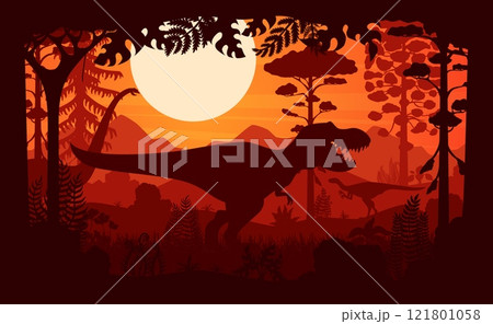 Prehistoric dinosaurs silhouettes in tropical jungle at sunset vector background. Jurassic tyrannosaurus rex, hypsilophodon and omeisaurus dinosaurs in frame of prehistoric tree and plant silhouettes 121801058