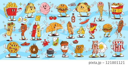 Cartoon retro groovy fast food characters, funny sandwiches and snacks, vector comic art. Groovy fast food characters of funky hot dog with freaky popcorn and pizza or quirky donut in retro cartoon 121801121