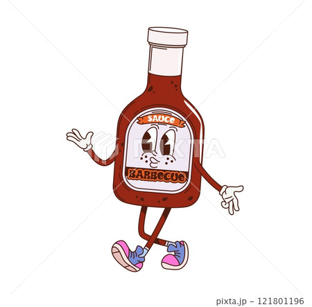 Cartoon groovy barbecue sauce character with funny face, vector comic emoji. Groovy BBQ sauce bottle in retro cartoon with funky happy smile in hipster shoes for fast food hot dog or grill character 121801196