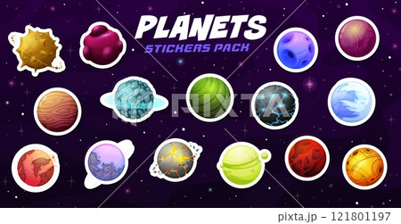 Cartoon alien space planets stickers pack, vector kids astronomy. Fantasy galaxy planets and magic stars with ice, rock and lightning surface, orbit rings and satellites on outer space sky background 121801197