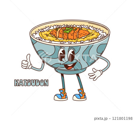 Cartoon retro groovy Katsudon donburi character. Isolated vector playful bowl of Katsudon, a Japanese rice dish funky personage with a smiling face, full of crispy cutlets over rice, gives a thumbs up 121801198