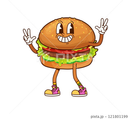 Cartoon fast food hamburger groovy character. Junk restaurant meal, street cafe hamburger or fast food menu snack happy groovy isolated vector personage. Takeaway restaurant meal funny mascot 121801199
