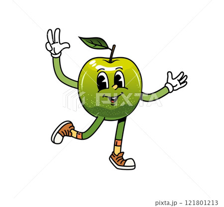Cartoon groovy apple fruit character with happy face and fingers peace sign, vector emoji. Groovy green apple smiling with freaky emotion and peace or cool Hi gesture sign as retro cartoon character Cartoon groovy apple fruit character with happy face and fingers peace sign, vector emoji. Groovy green apple smiling with freaky emotion and peace or cool Hi gesture sign as retro cartoon character 121801213