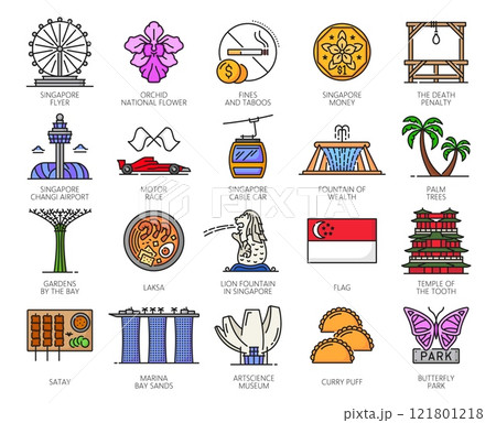 Singapore travel landmarks and vacation icons of attractions and sightseeing, vector symbols. Singapore tourism, Flyer observation wheel, lion fountain and temples with flag and national orchid flower Singapore travel landmarks and vacation icons of attractions and sightseeing, vector symbols. Singapore tourism, Flyer observation wheel, lion fountain and temples with flag and national orchid flower 121801218