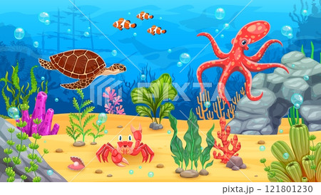 Sunken ship and sea animals on underwater game landscape, cartoon vector background. Undersea game landscape with sea or ocean fishes, funny octopus with turtle and crab in underwater seaweeds 121801230