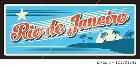 Brazil Rio De Janeiro, retro travel plate of Brazilian district and state, vector. Brasil estados metal plaque with city tagline, flag and landmark of sunset and palm trees. Rio de Janeiro signage 121801242