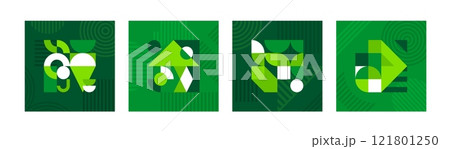 Environment ecology banners with green modern abstract geometric pattern. Vector graphic mosaic with simple geometry shapes and elements, eco green, ecology, environment and nature theme posters Environment ecology banners with green modern abstract geometric pattern. Vector graphic mosaic with simple geometry shapes and elements, eco green, ecology, environment and nature theme posters 121801250