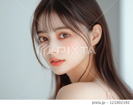 美肌の若くて可愛いアジア人女性モデルの美容ポートレート。流行りのメイクをした若者向けの写真。 121802192