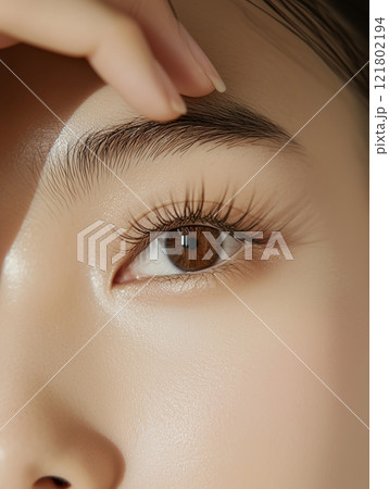 綺麗な若いアジア人女性の目元のクローズアップ｜目・まつ毛・眉毛の美しいメイクの美容ポートレート 121802194