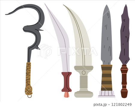 African cultural heritage Ethiopian Nigerian Egyptian culture weapon dagger Kaskara Shotel Khopesh Khepesh Ida Mandika swords ancient historical traditional weapons design icons set collection 121802249