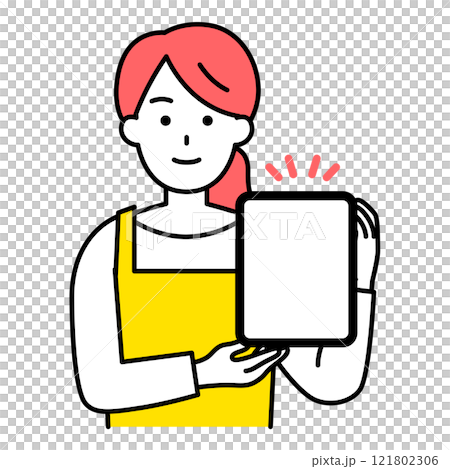 穿著圍裙的女人展示平板電腦螢幕 121802306