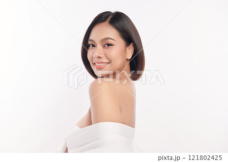 Beautiful young asian woman with clean fresh skin on white background, Face care, Facial treatment, Cosmetology, beauty and spa, Asian women portrait. 121802425