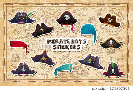 Stickers pack of pirate hats, corsair captain tricorns and sailor bandanas. Cartoon vector set of carnival buccaneer, filibuster, seaman headwear or scarves, rover caps with feathers and jolly rogers 121802561