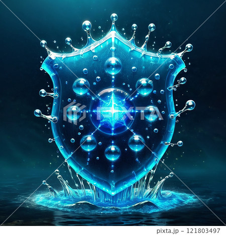 A mystical sword composed of blue water and ice, with golden accents, pierces the surface of a tranquil lake. The blade sparkles in the moonlight, leaving a trail of shimmering droplets.  121803497