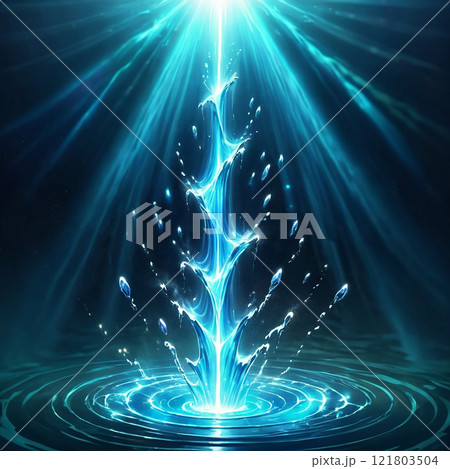 A mystical sword composed of blue water and ice, with golden accents, pierces the surface of a tranquil lake. The blade sparkles in the moonlight, leaving a trail of shimmering droplets.  121803504