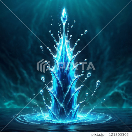 A mystical sword composed of blue water and ice, with golden accents, pierces the surface of a tranquil lake. The blade sparkles in the moonlight, leaving a trail of shimmering droplets.  121803505