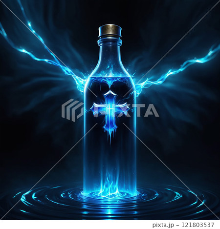 A mystical sword composed of blue water and ice, with golden accents, pierces the surface of a tranquil lake. The blade sparkles in the moonlight, leaving a trail of shimmering droplets.  121803537