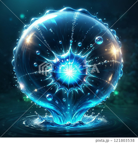 A mystical sword composed of blue water and ice, with golden accents, pierces the surface of a tranquil lake. The blade sparkles in the moonlight, leaving a trail of shimmering droplets.  121803538
