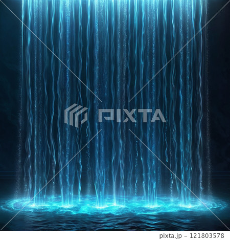 A mystical sword composed of blue water and ice, with golden accents, pierces the surface of a tranquil lake. The blade sparkles in the moonlight, leaving a trail of shimmering droplets.  121803578