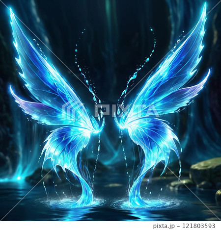 A mystical sword composed of blue water and ice, with golden accents, pierces the surface of a tranquil lake. The blade sparkles in the moonlight, leaving a trail of shimmering droplets.  121803593