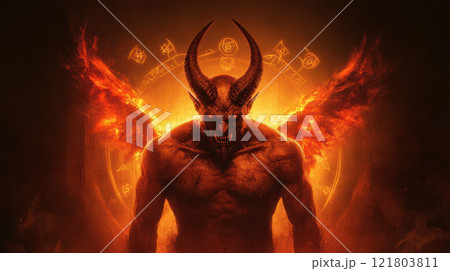 fierce demonic figure with fiery wings and jagged horns fierce demonic figure with fiery wings and jagged horns 121803811