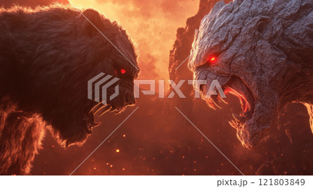 Two colossal creatures with glowing eyes face off in battle 121803849
