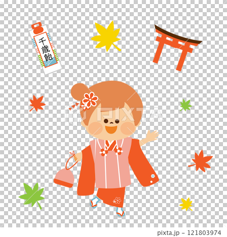 Japanese Shichigosan: A 3-year-old girl wearing a Japanese kimono. Cute illustration 121803974