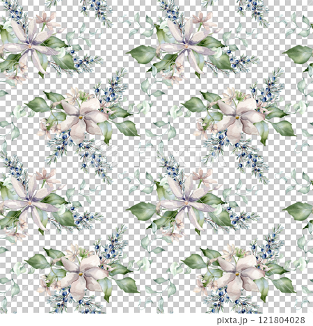 Watercolor seamless pattern of jasmine pink flowers and juniper branch isolated. Botanical winter repeated texture in soft tones hand drawn. Blooms and coniferous painted for Christmas background. 121804028