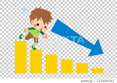 Illustration of a cute little boy going down the stairs of a descending graph White background Vector Clip art 121804281